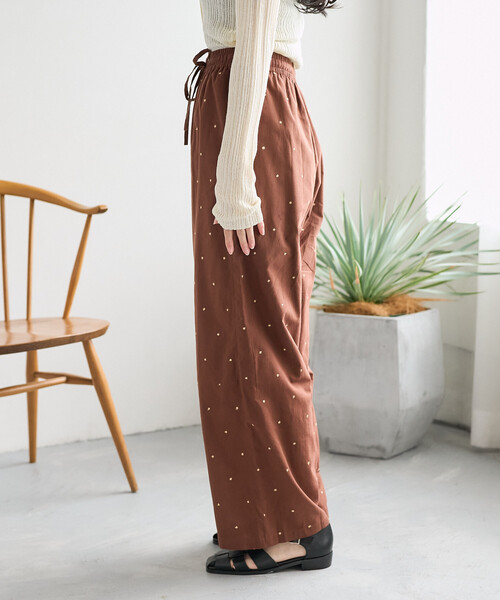 ワイドパンツ パンツ インド ラメドット刺繍 イージーパンツ「セットアップ対応」 レディースの画像