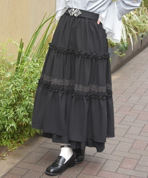 AAYUSHI×Cloth&Cross 2024 レースティアードスカート 黒 axes femme（アクシーズ ファム） スカート フリル切替ティアード