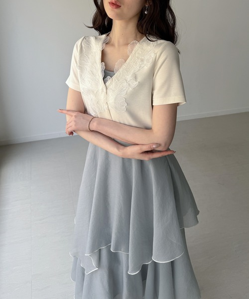 JUNOAH（ジュノア） ワンピース 半袖 レースモチーフカーディガンset