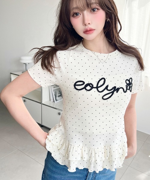 moment+ tシャツ 半袖 コードロゴ刺繍ドット裾フリル半袖トップス