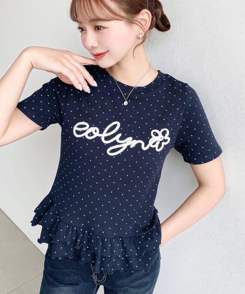 moment+ tシャツ 半袖 コードロゴ刺繍ドット裾フリル半袖トップス