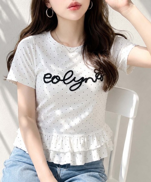 moment+ tシャツ 半袖 コードロゴ刺繍ドット裾フリル半袖トップス
