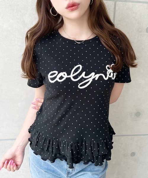 moment+ tシャツ 半袖 コードロゴ刺繍ドット裾フリル半袖トップス