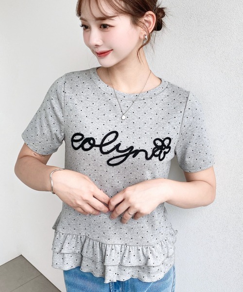 moment+ tシャツ 半袖 コードロゴ刺繍ドット裾フリル半袖トップス