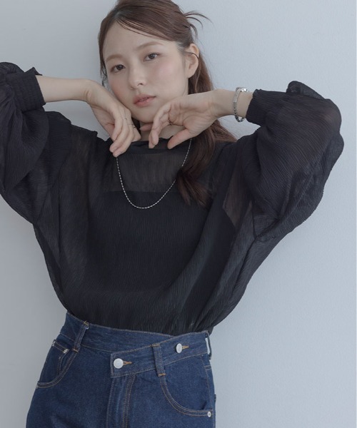 新品 MOSCHINO JEANS　ブラックシアーブラウス シアートップス maviru（マヴィル） ブラウス シャツ ランダム プリーツ シアー ボトル