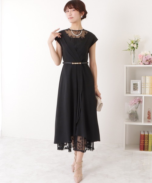 レース　トリム　ベルト　ドレス　コットン　スカラップ　ワンピース Lace Ladies ドレス ベルト付き レース ドッキング Vネック