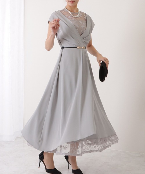 Lace Ladies ドレス ベルト付き レース ドッキング Vネック