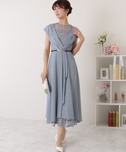 Lace Ladies ドレス ベルト付き レース ドッキング Vネック