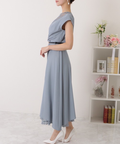 Lace Ladies ドレス ベルト付き レース ドッキング Vネック
