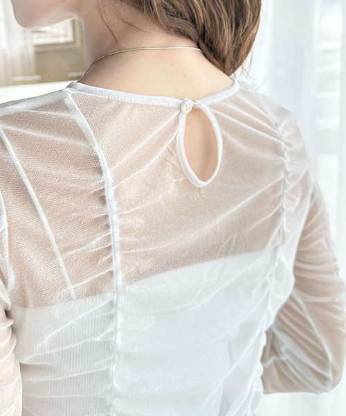 AD2019 20SS ギャザーフレアチュールTシャツ トップス 白 classicalelf（クラシカルエルフ） tシャツ 大人フェミニン。前後2way