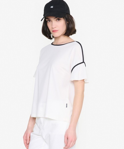 tシャツ 接触冷感 吸水速乾 ワンポイントロゴ ピスネーム ボートネック パフスリーブ半袖Tシャツ レディース