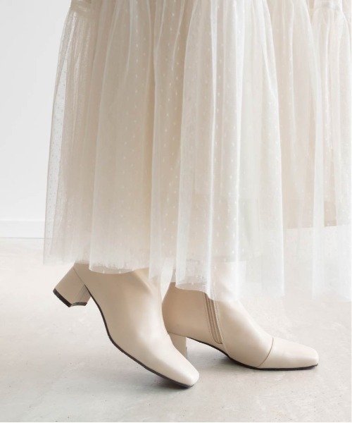 ランダ（RANDA）/【22．5−25．5】晴雨兼用 スクエアトゥミドルヒールショートブーツ RANDA（ランダ） ブーツ 晴雨兼用 スクエアトゥミドルヒールショート