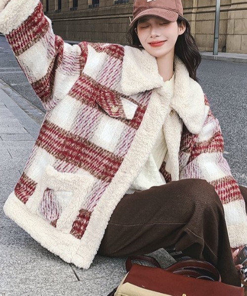 Achic ジャケット テーラードジャケット ウール格子柄ショート