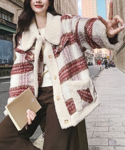 Achic ジャケット テーラードジャケット ウール格子柄ショート