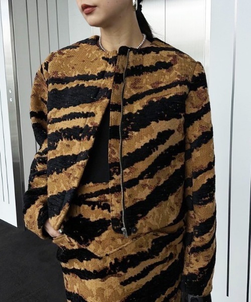 【未使用タグ付き】Ameri MIX ANIMAL WAVE JACKET Ameri（アメリ） ジャケット ノーカラージャケット MIX ANIMAL WAVE