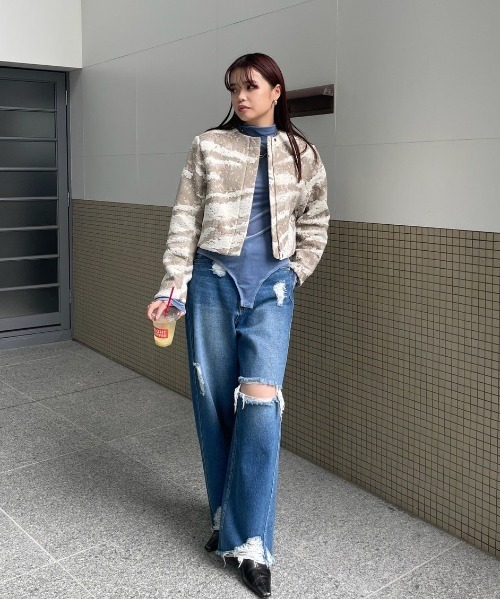 【未使用タグ付き】Ameri MIX ANIMAL WAVE JACKET Ameri（アメリ） ジャケット ノーカラージャケット MIX ANIMAL WAVE