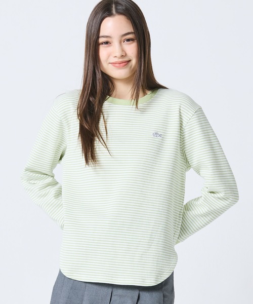 ワッフルボーダートップス LACOSTE（ラコステ） tシャツ ラウンドヘム 配色リブカラー ワッフル