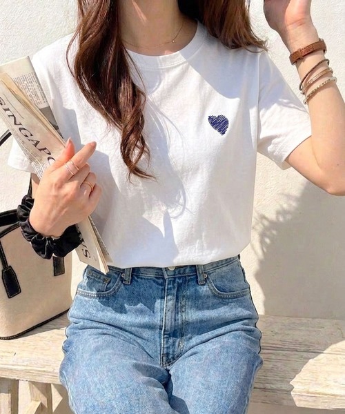 GeeRA（ジーラ） tシャツ 綿100％ハート＆宇宙ワンポイント刺繍T ホワイト メッシュ Tシャツ ハート刺繍