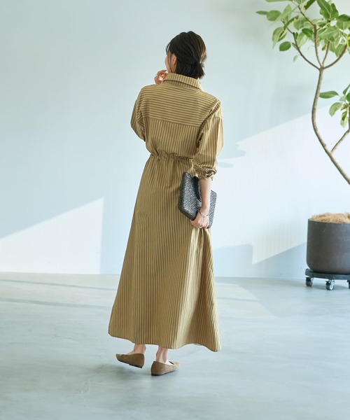★ChicLine★ ストライプスリーブプリーツワンピース STYLE DELI ワンピース 「LUXE」交互ストライプ柄シャツ
