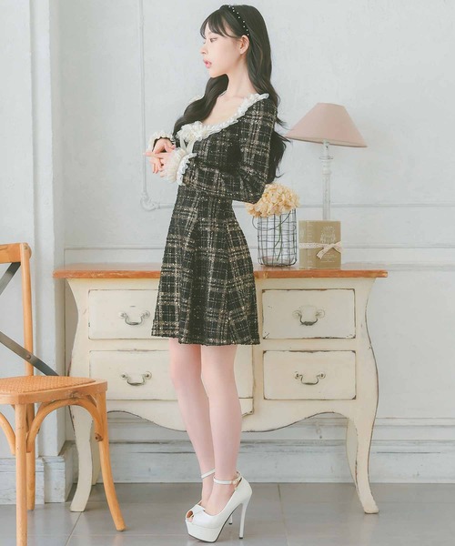 Tika ワンピース 韓国ファッション ネックリボン チュール