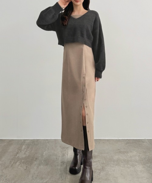 CENEA（セネア） ワンピース シャギーショートニット＋釦スリット