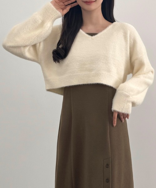 CENEA（セネア） ワンピース シャギーショートニット＋釦スリット