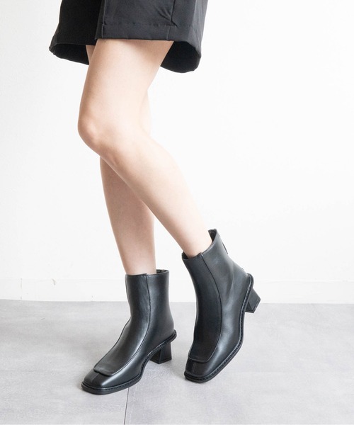 ブーツ スクエアトゥバックファスナーショートブーツ レディース