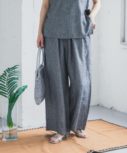 ワイドパンツ パンツ ヘリンボーンリネンワイドギャザーパンツ レディース