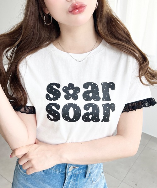 moment+ tシャツ 半袖 ドットロゴプリント袖口レースフリル半袖Tシャツ 