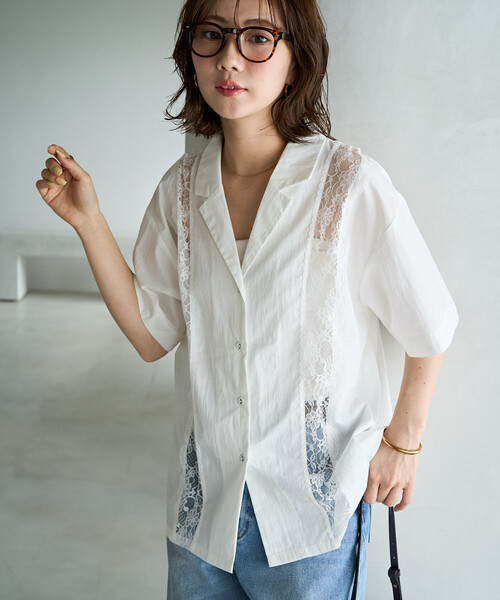DOLCE&GABBANA☆レース切り替え☆半袖ボウタイブラウス38美品☆オフ白 FREAK'S STORE（フリークスストア） ブラウス シャツ 夏 半袖 限定展開