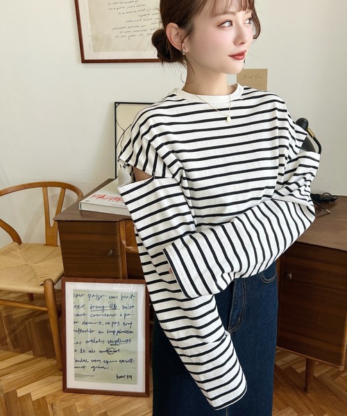 moment+ tシャツ 綿100%無地＆ボーダー ショルダーカットアウトロング 
