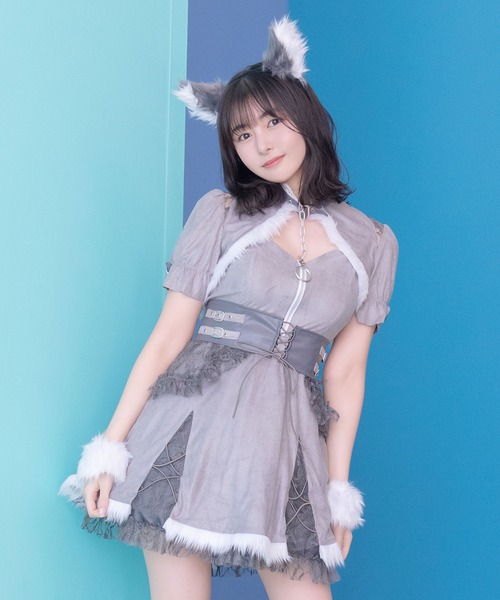 コスプレ コスプレ アニマル ウルフ 狼 かわいい ふわふわ 体型カバー 半袖 フレアスカート ワンピース 7点セット コンカフェ
