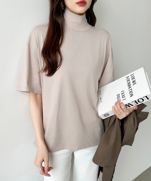 tシャツ 「選べる2タイプ×カラー展開あり」 半袖Tシャツ ハイネック モックネック Tシャツ カットソー スリット 半袖 夏服 レディース | COCOMOMO | 22