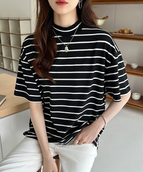 tシャツ 「選べる2タイプ×カラー展開あり」 半袖Tシャツ ハイネック モックネック Tシャツ カットソー スリット 半袖 夏服 レディース | COCOMOMO | 16