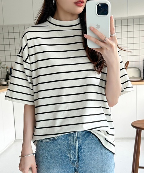 tシャツ 「選べる2タイプ×カラー展開あり」 半袖Tシャツ ハイネック モックネック Tシャツ カットソー スリット 半袖 夏服 レディース | COCOMOMO | 24