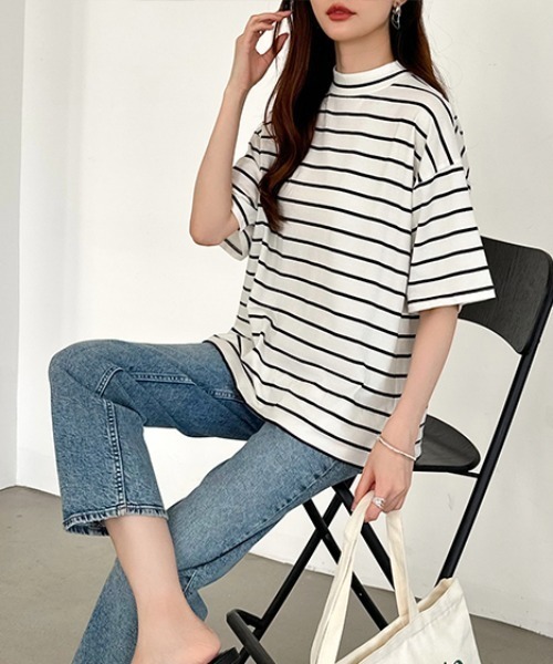 tシャツ 「選べる2タイプ×カラー展開あり」 半袖Tシャツ ハイネック モックネック Tシャツ カットソー スリット 半袖 夏服 レディース | COCOMOMO | 26