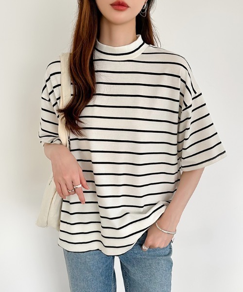 tシャツ 「選べる2タイプ×カラー展開あり」 半袖Tシャツ ハイネック モックネック Tシャツ カットソー スリット 半袖 夏服 レディース | COCOMOMO | 25