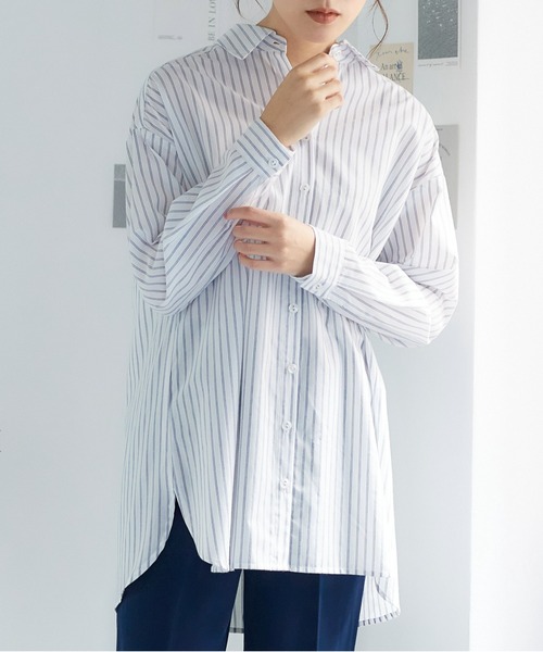 シャツ　ブラウス　ストライプ　Mサイズ SMILELAND シャツ ブラウス 大きいサイズ ゆるシルエット