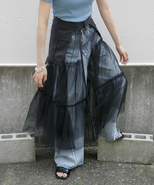 17AW!完売 KBF チュールonプリーツスカート BLK×YEL■アーバンリサーチ ロング丈フレアスカート 今季秋冬