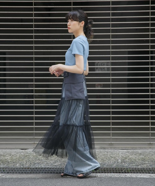 17AW!完売 KBF チュールonプリーツスカート BLK×YEL■アーバンリサーチ ロング丈フレアスカート 今季秋冬