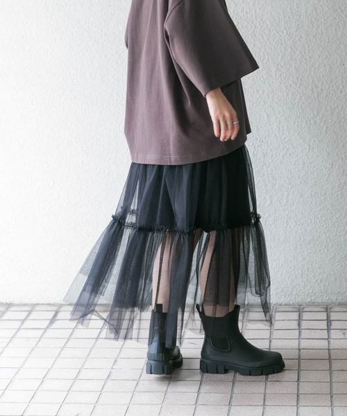 17AW!完売 KBF チュールonプリーツスカート BLK×YEL■アーバンリサーチ ロング丈フレアスカート 今季秋冬