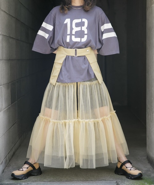 17AW!完売 KBF チュールonプリーツスカート BLK×YEL■アーバンリサーチ ロング丈フレアスカート 今季秋冬