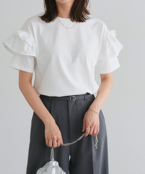 Pierrot（ピエロ） tシャツ 半袖 「イージーケア」肩フリルドッキング