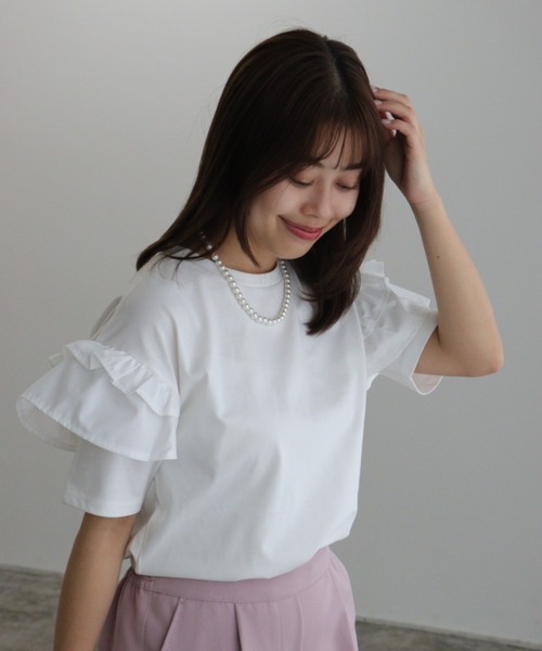 Pierrot（ピエロ） tシャツ 「イージーケア」肩フリルドッキング
