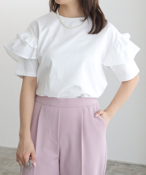 Pierrot（ピエロ） tシャツ 「イージーケア」肩フリルドッキング