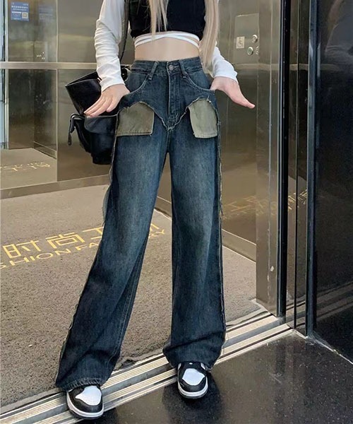 ワイドデニムパンツ デニムダメージジーンズ ストリート241106 miniministore ジーンズ デニム デニムパンツ ダメージジーンズ