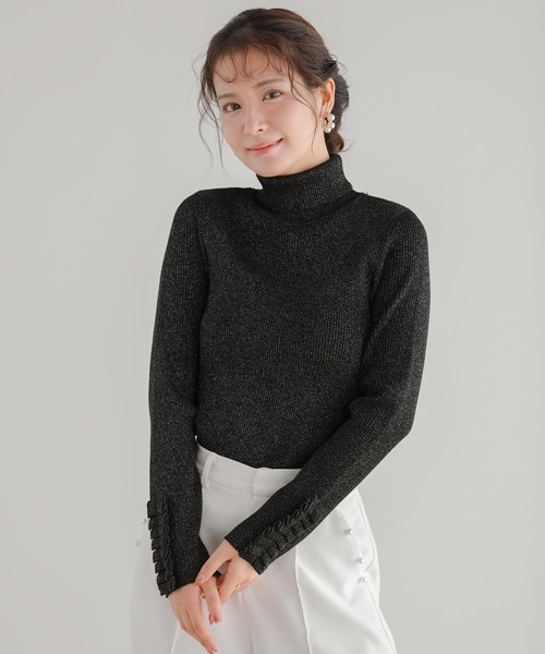 fit more フィットモア ラメ袖フリルタートルリブニット ライトグレー ラメ袖フリルタートルリブニット【宅配便】 | Fit more
