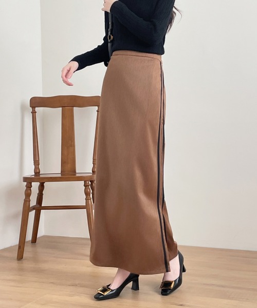 SALE新品プランテーション サイド スリット ロングスカート ABITOKYO スカート コーデュロイサイドスリット配色ラインロング