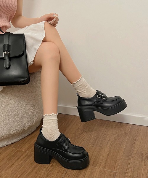 【美品】プルドゥ pour deux 厚底 ローファー ストラップ付 ブーティー 美品】プルドゥ pour deux 厚底 ローファー ストラップ付 ブーティー