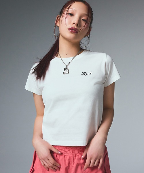 すぐ届く☆X-girl ベビーTシャツ バタフライ刺繍 旬な着こなし◎ X-girl tシャツ LOGO AND BUTTERFLY 2P S/S BABY TEE レディース